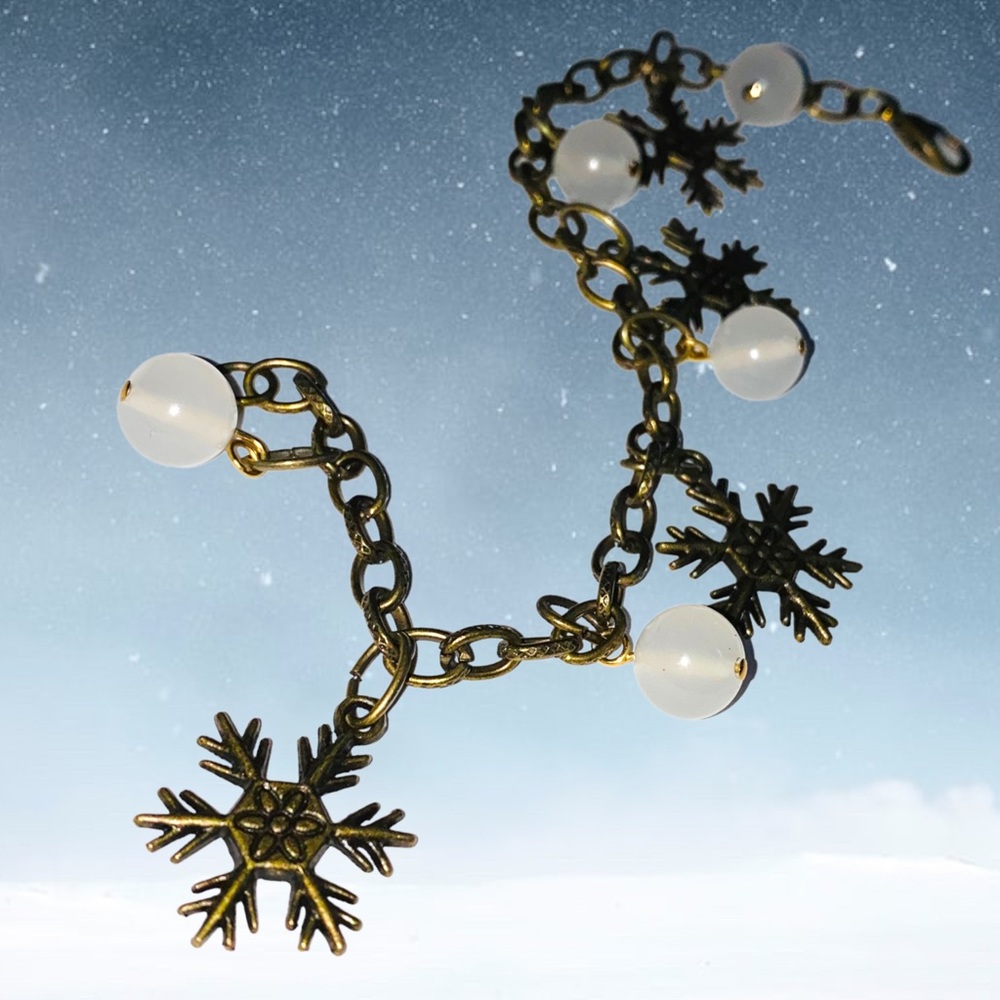 Handmade Charm Bracelet Snowflakes Snow Ball Beads Copper Antique Links - Picture 5 of 5